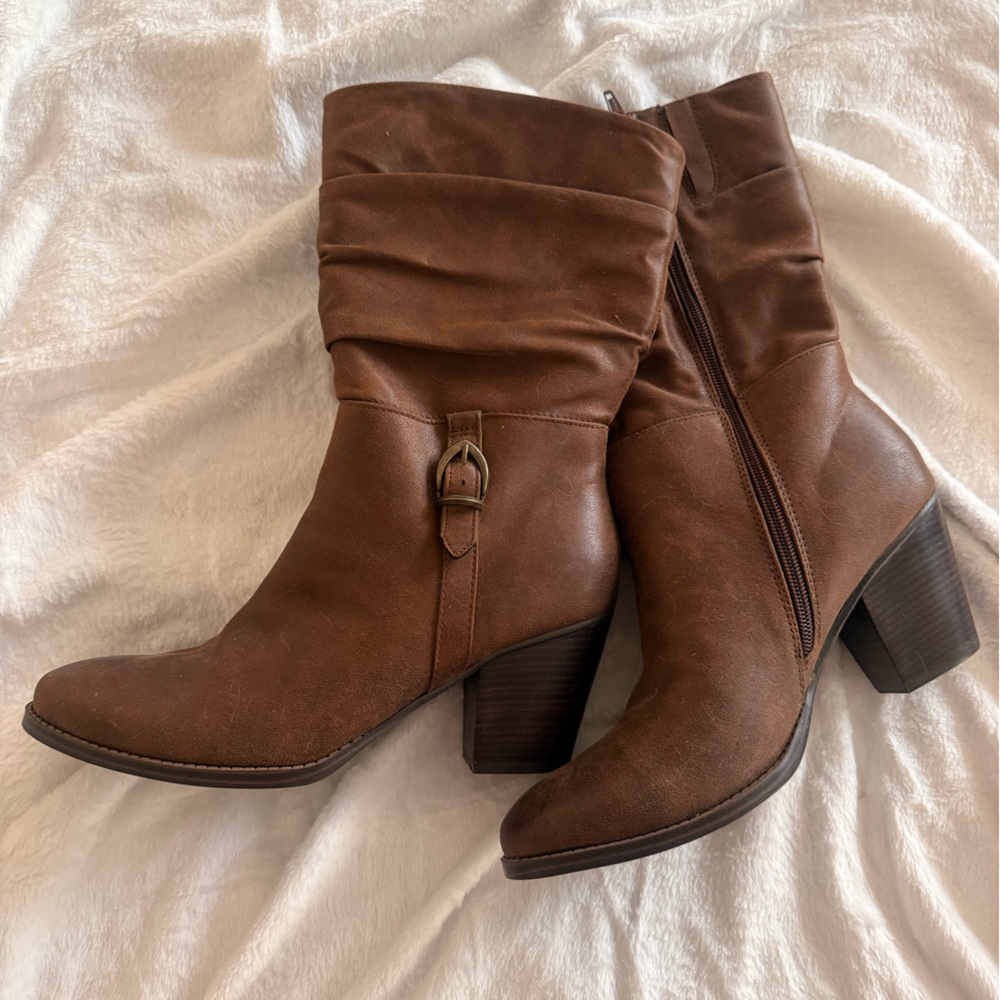 Brown Leather Mid-Calf Boots